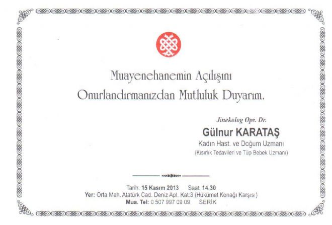 JİNEKOLOG OP.DR. GÜLNUR KARATAŞ'TAN AÇILIŞA DAVET